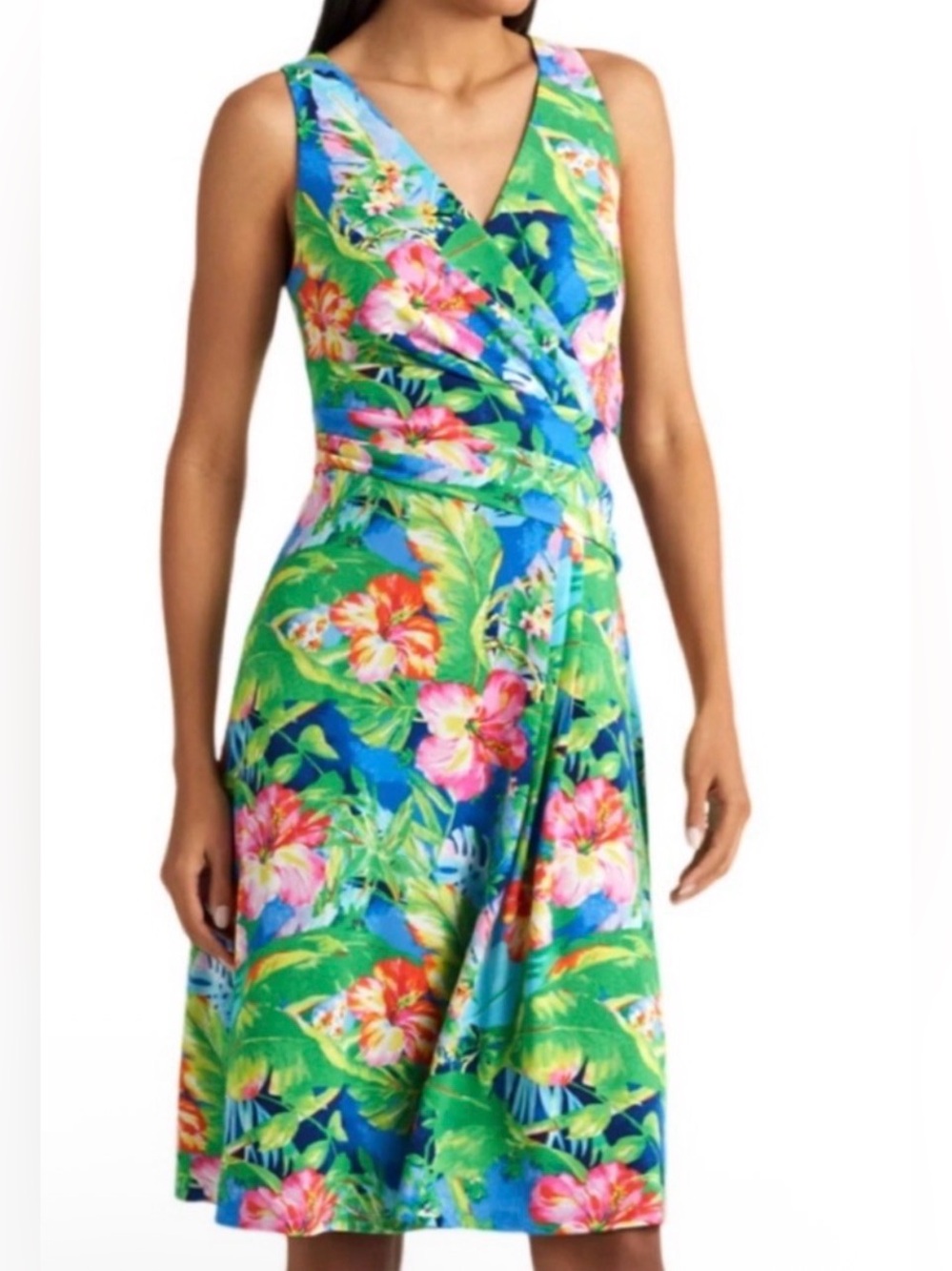 Lauren Ralph Lauren Floral Sleeveless Dress Surplice Top Blue‎ Green Womens 8